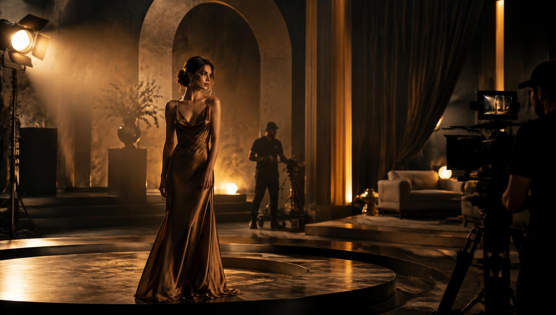 Cinematic luxury commercial being filmed on set