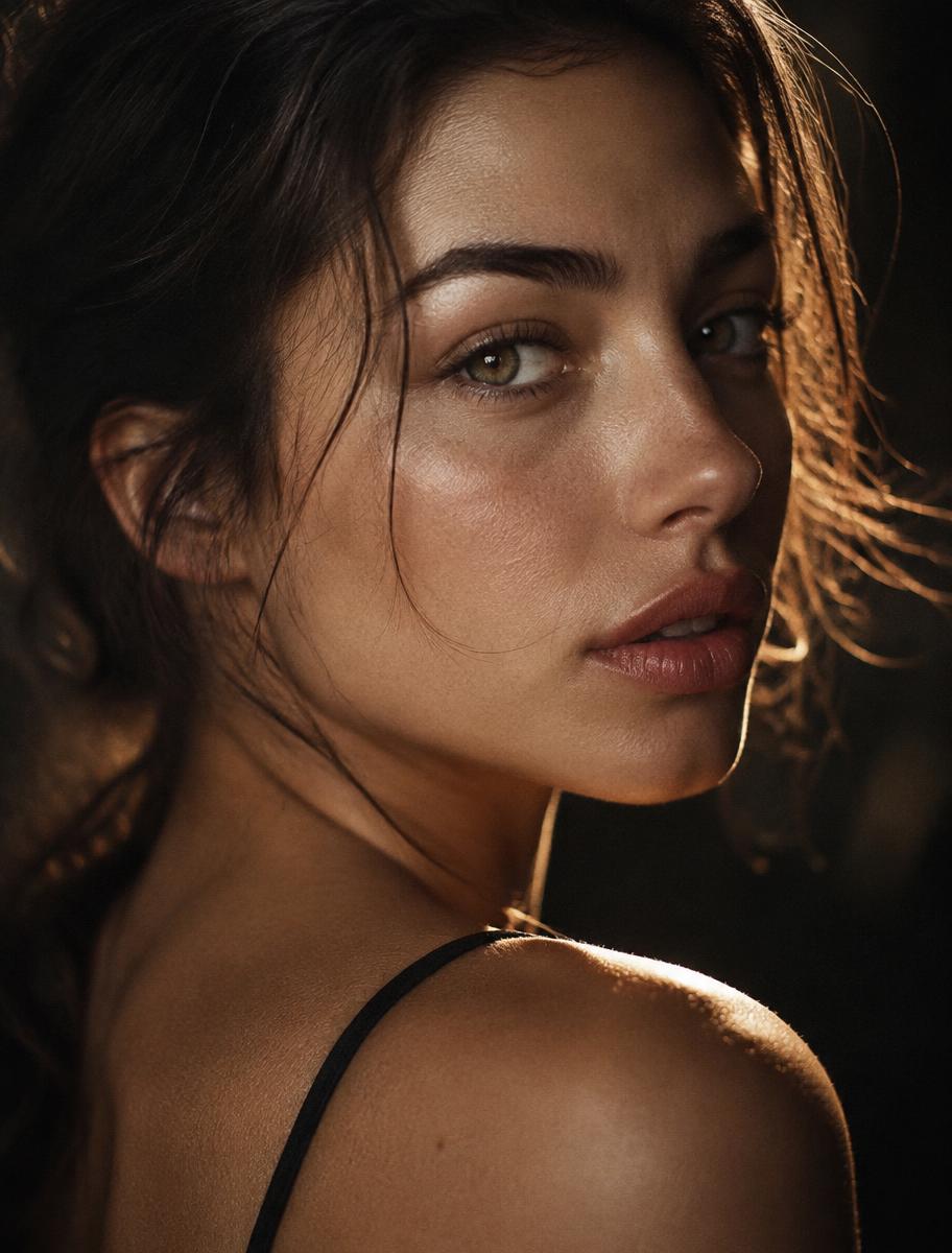 Close-up beauty headshot of a female model with warm rim light